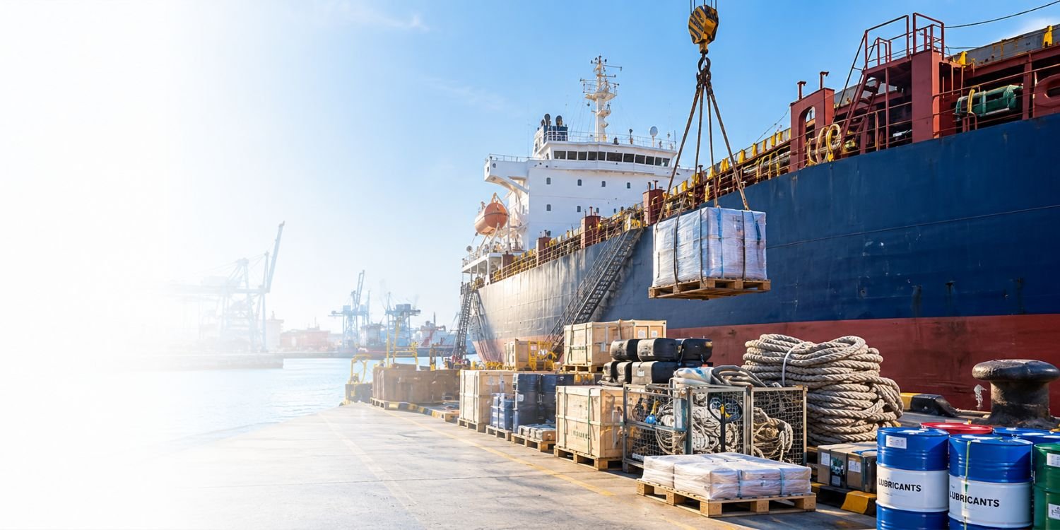Ship chandling and marine supplies operation at port with deck stores and vessel