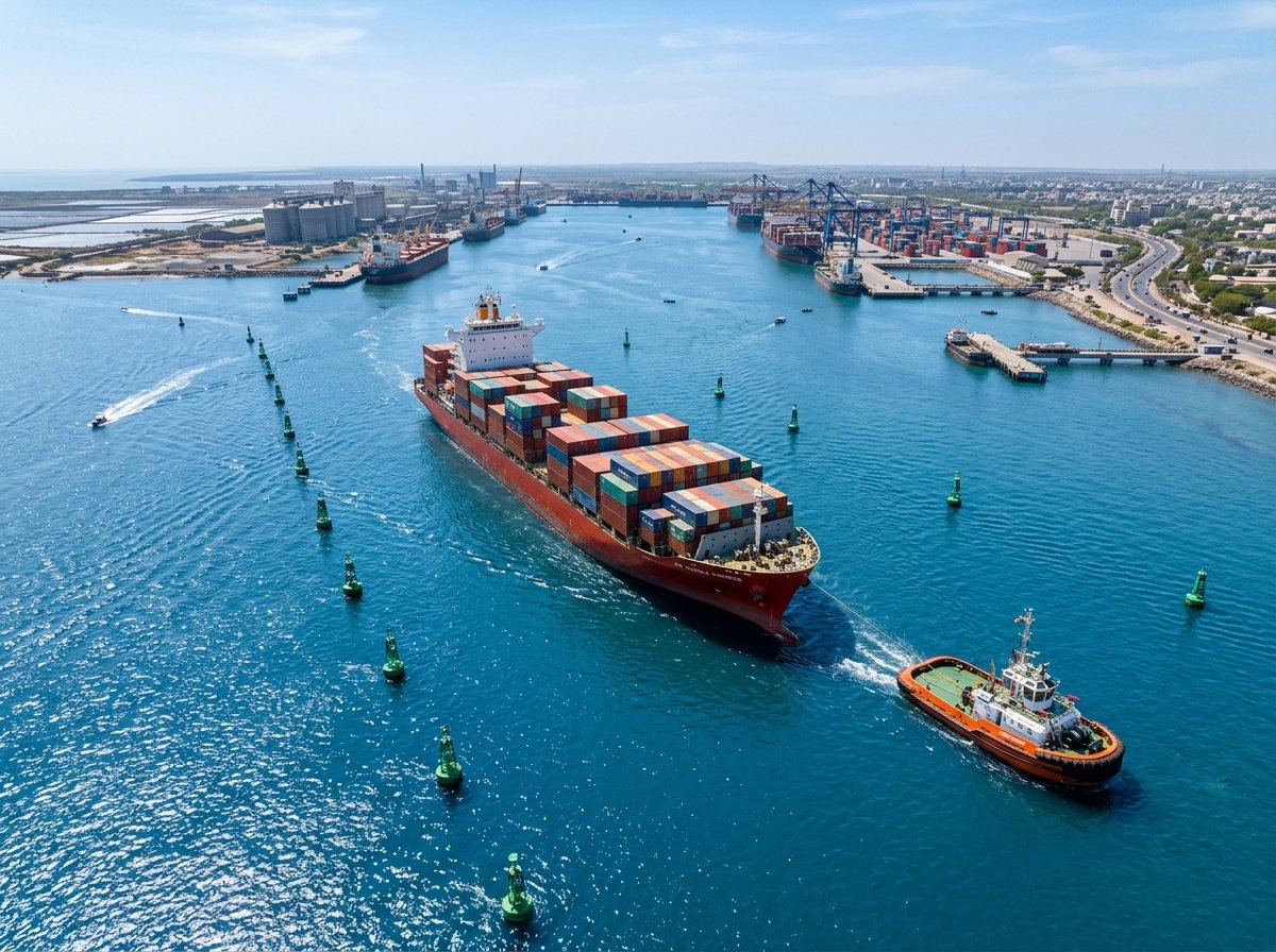 Commercial cargo vessel navigating port channel in bright sunny waters
