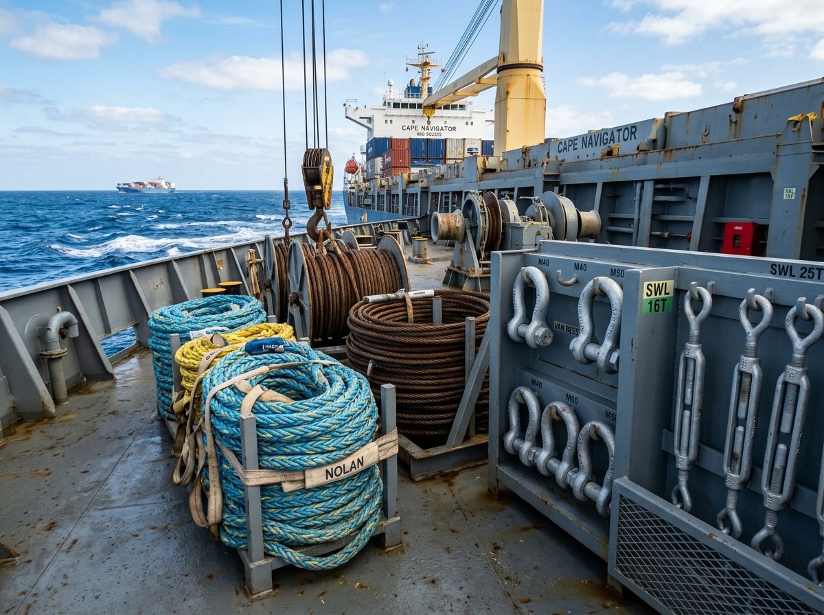 Commercial marine dock stores, mooring ropes and deck equipment
