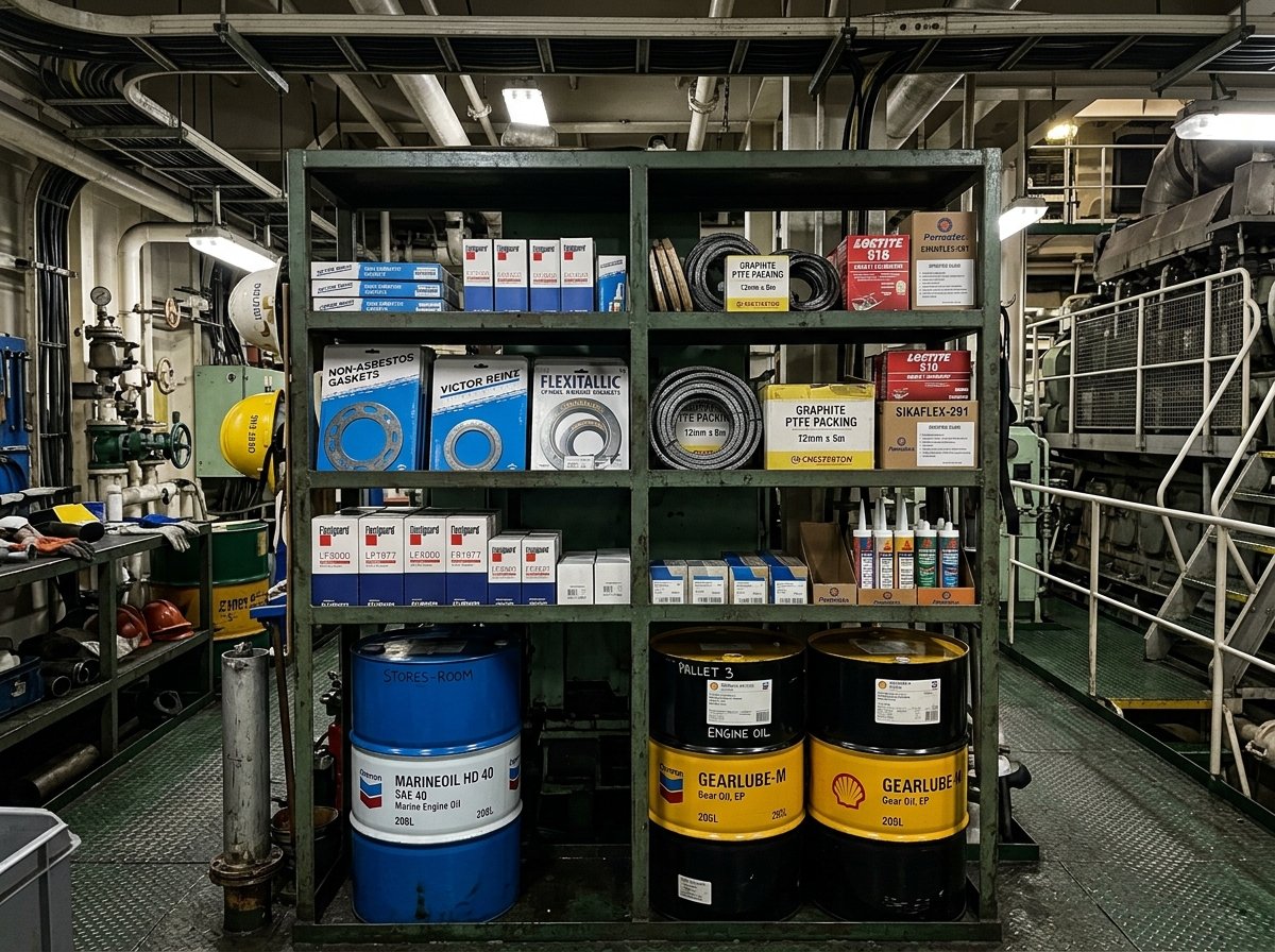 Marine engine room stores, lubricants, packing, and filtration