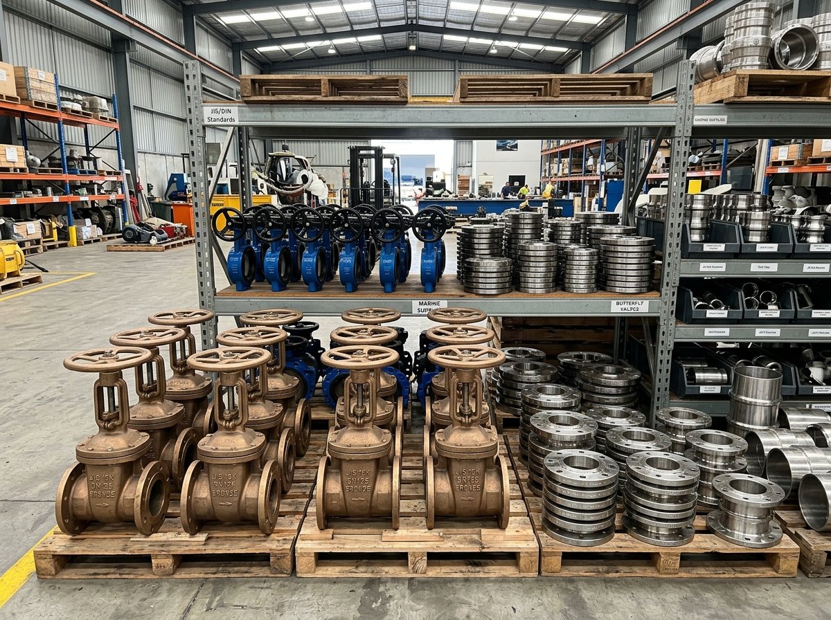 Marine bronze gate valves, JIS & DIN fittings, and flanges